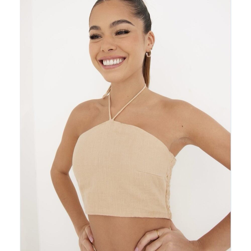 FAITHFULL THE BRAND CALIPO Crop Halter TOP Women’s size 6 beige 100% linen NWT